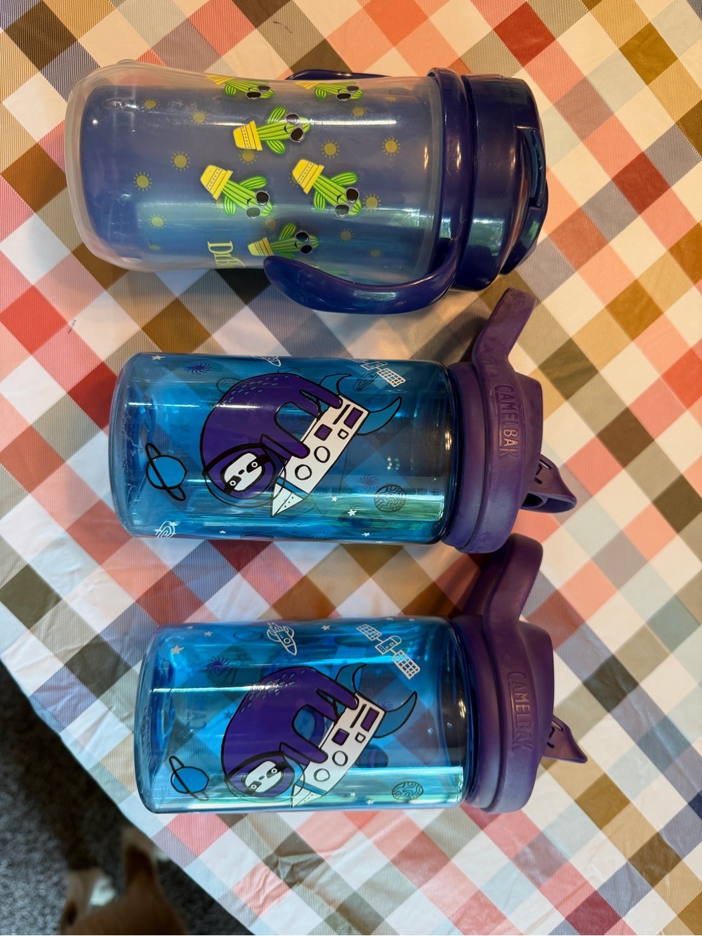 CamelBak Kids Blue and Purple Space Sloth Water Bottles 2 and dr brown sippy